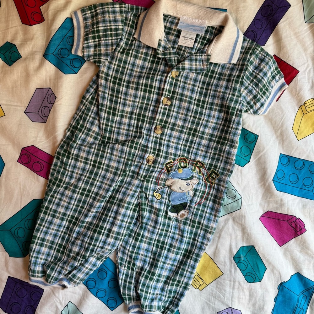 Vintage Baby Romper with Golfing Bear Embroidery